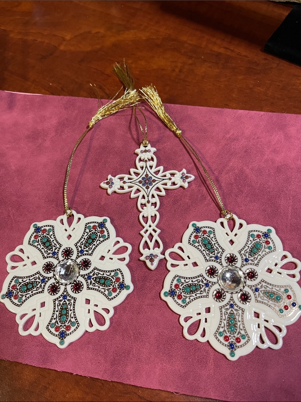 Set of 3 Lenox Jeweled Cross / Jeweled Snowflake Xmas Ornaments/ Fine China
